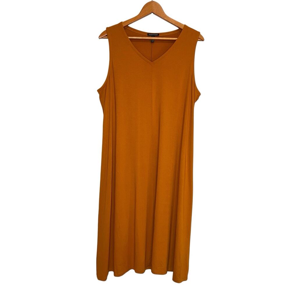 Eileen Fisher Dress Size XL Golden Orange V Neck Sleeveless Stretch Viscose Fall